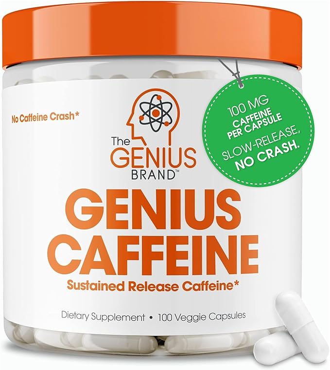 Genius Caffeine Pills 100mg, Extended-Release Microencapsulated Caffeine Pills - All-Natural Non-Crash Sustained Energy, Focus & Concentration Supplement - Nootropic Brain Booster - 100 Capsules