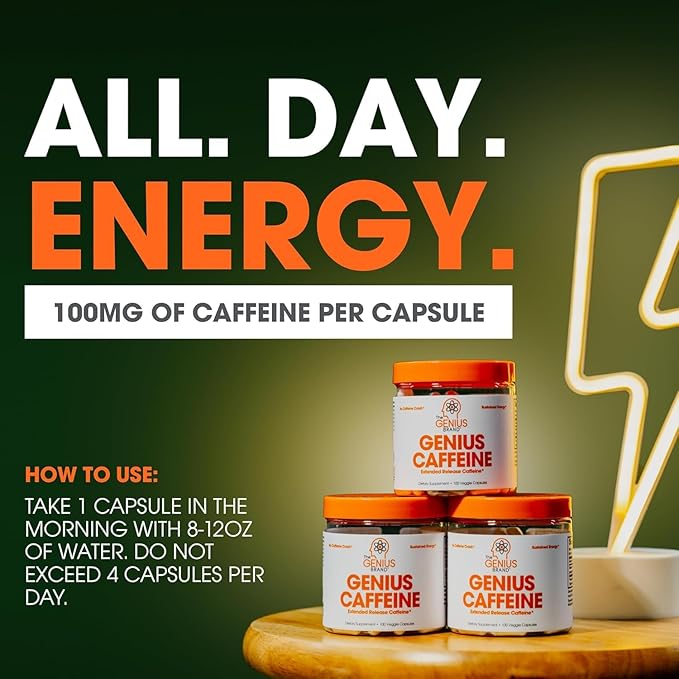 Genius Caffeine Pills 100mg, Extended-Release Microencapsulated Caffeine Pills - All-Natural Non-Crash Sustained Energy, Focus & Concentration Supplement - Nootropic Brain Booster - 100 Capsules