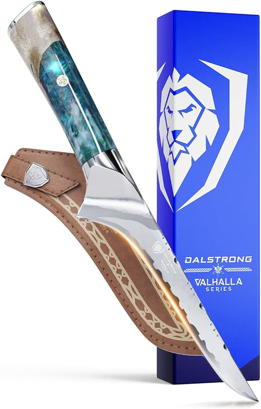 Dalstrong Valhalla Series High Carbon 9CR18MOV Steel BBQ Piranha Kitchen Knife with Celestial Resin &amp; Wood Handle, 6 Inches, Leather Sheath Included - Chef Stuff