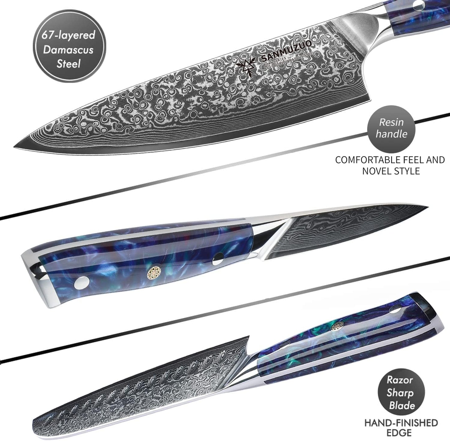 SANMUZUO Chef Cooking Knives Set- Kitchen Knife Set of 5 Piece - Ultra-Sharp VG10 Damascus Steel & Resin Handle - Xuan Series (Sapphire Blue)