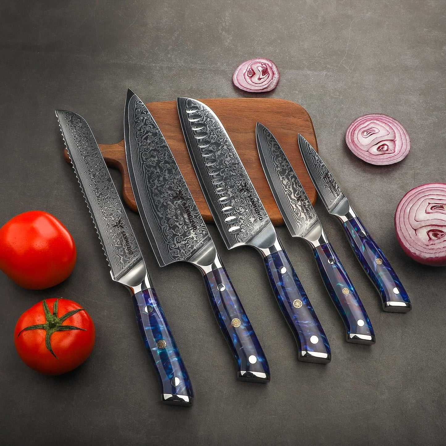 SANMUZUO Chef Cooking Knives Set- Kitchen Knife Set of 5 Piece - Ultra-Sharp VG10 Damascus Steel & Resin Handle - Xuan Series (Sapphire Blue)