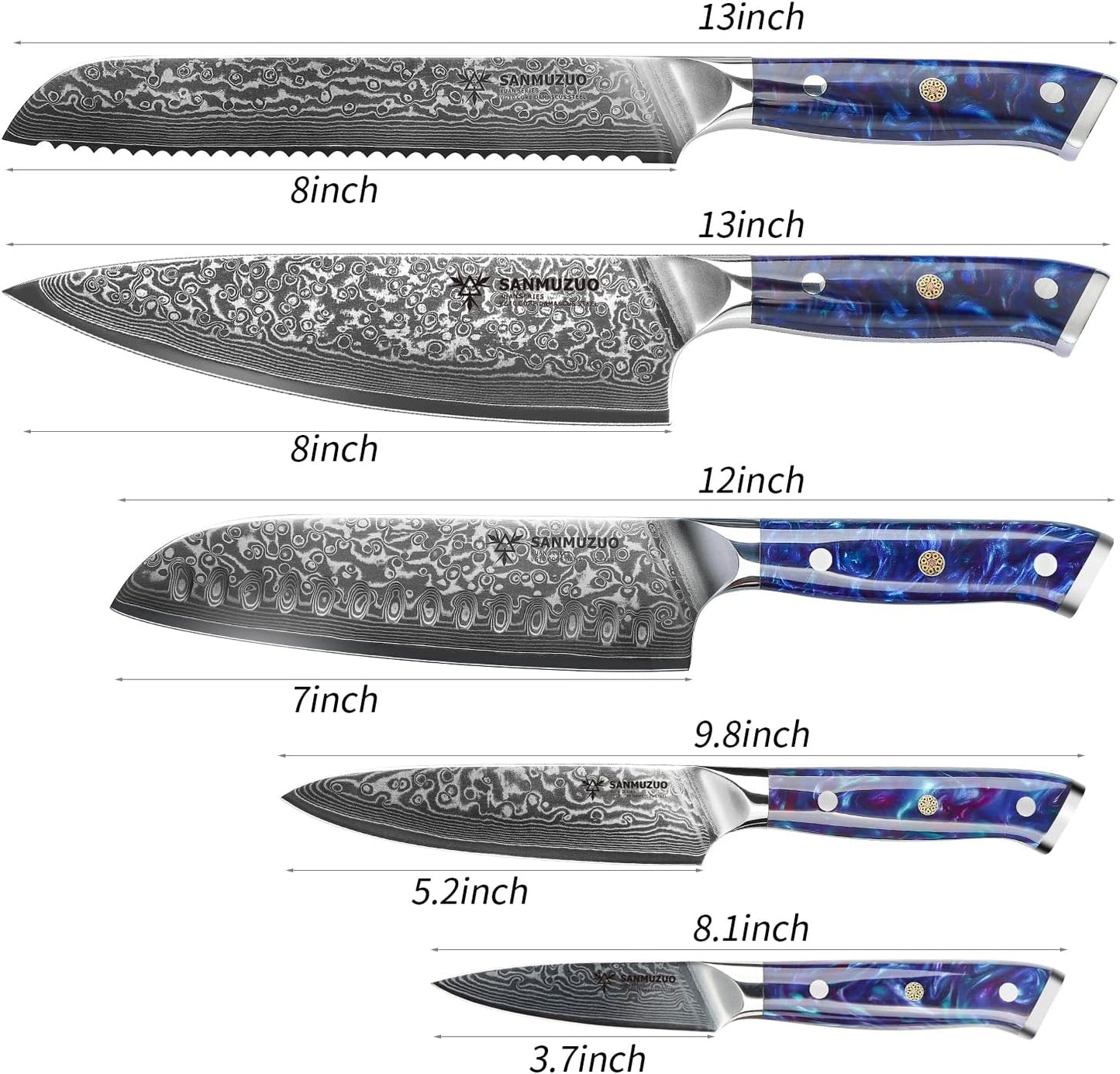 SANMUZUO Chef Cooking Knives Set- Kitchen Knife Set of 5 Piece - Ultra-Sharp VG10 Damascus Steel & Resin Handle - Xuan Series (Sapphire Blue)