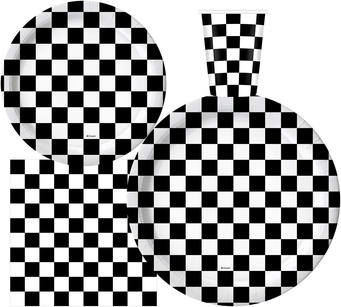 Oojami Serves 30 Complete Party Pack Black and White Checkered 9" Dinner Paper Plates 7" Dessert Paper Plates 9 oz Cups 3 Ply Napkins Race Car Party Theme - Chef Stuff