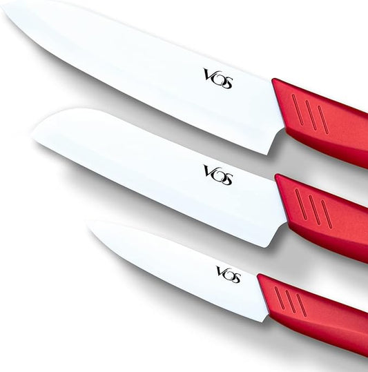 Vos Ceramic Knife Set, Ceramic Knives Set For Kitchen, Ceramic Kitchen Knives With Covers, Ceramic Paring Knife 4", 5", 6" Inch Red - Chef Stuff