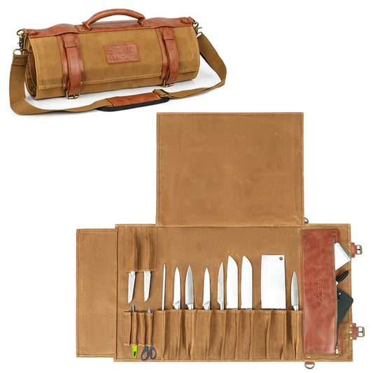 Classic Knife Roll Bag, Heavy Duty Canvas & Leather - Chef Stuff