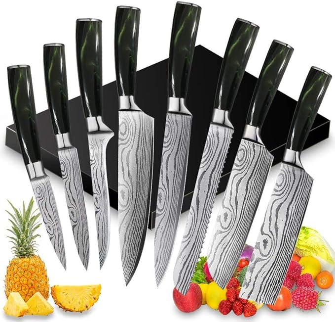 UniqueFire Chef Knife Set 8 PCS, Professional Kitchen Knives set, Ultra-sharp high carbon stainless steel cooking knives sets for Home & Restaurant, Ergonomic Green Resin Handle - Chef Stuff