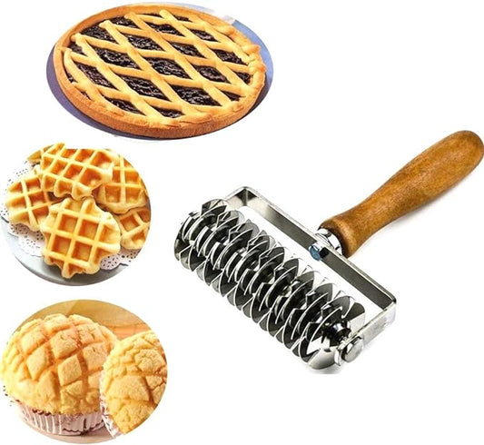 Hosmide Kitchen Baking Dough Cookie Pie Pizza Pastry Lattice Roller Cutter Baking Tool - Stainless Steel - Wood handle - Chef Stuff