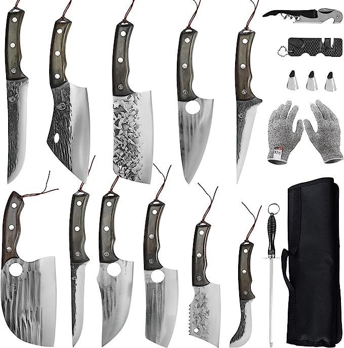 FULLHI 17pcs Butcher Chef Knife Set include sheath High Carbon Steel Cleaver Kitchen Knife Whole Tang Vegetable Cleaver Home BBQ Camping with Knife Bag - Chef Stuff