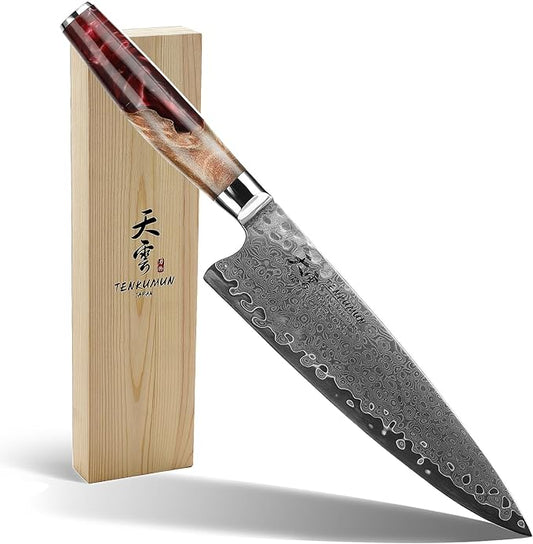 Tenkumun Japanese Gyutou Pro. Handcrafted 8 inch Chef Knife Handmade Forged Knife Japan VG-10 Super Damascus Steel -Kokoro ser. with Wood Handle - Chef Stuff